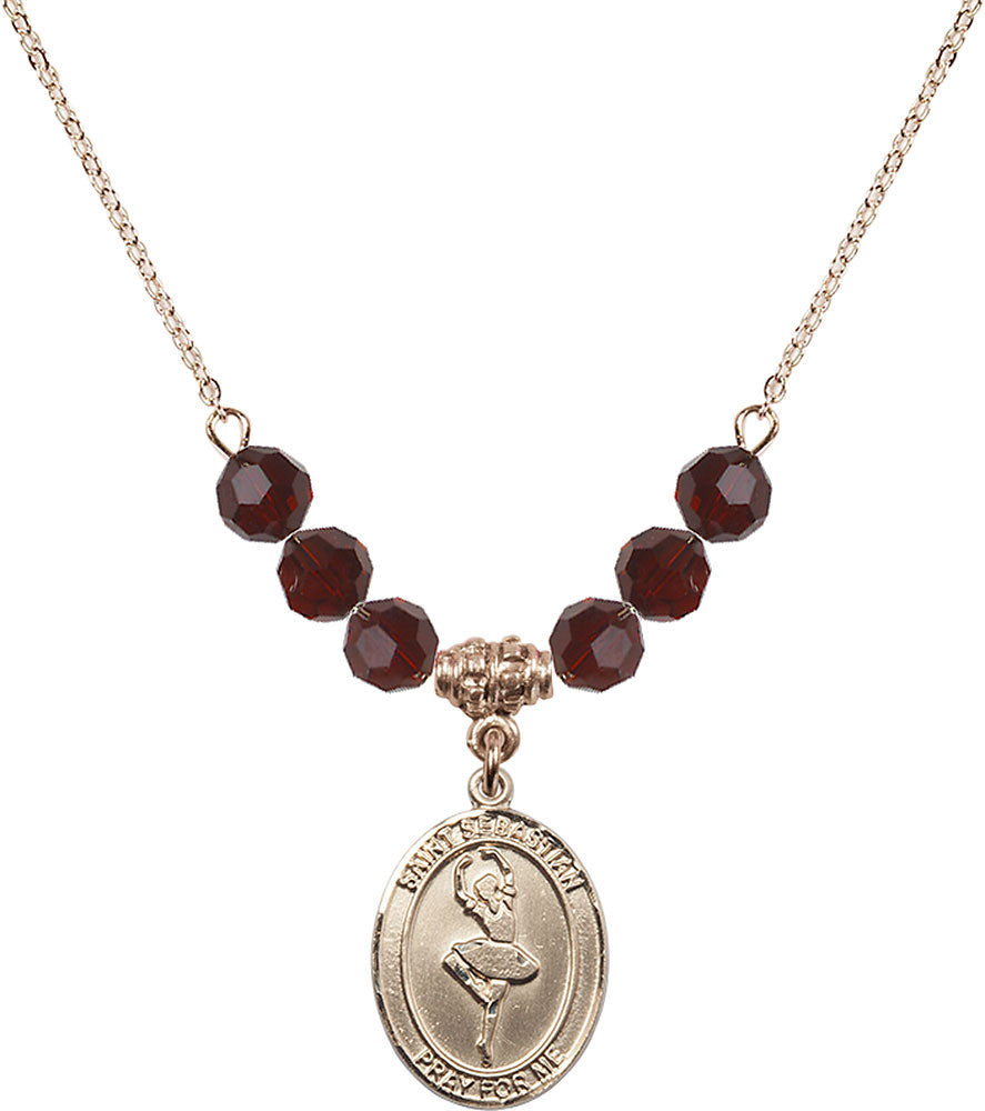 14kt Gold Filled Saint Sebastian/Dance Birthstone Necklace with Garnet Beads - 8173