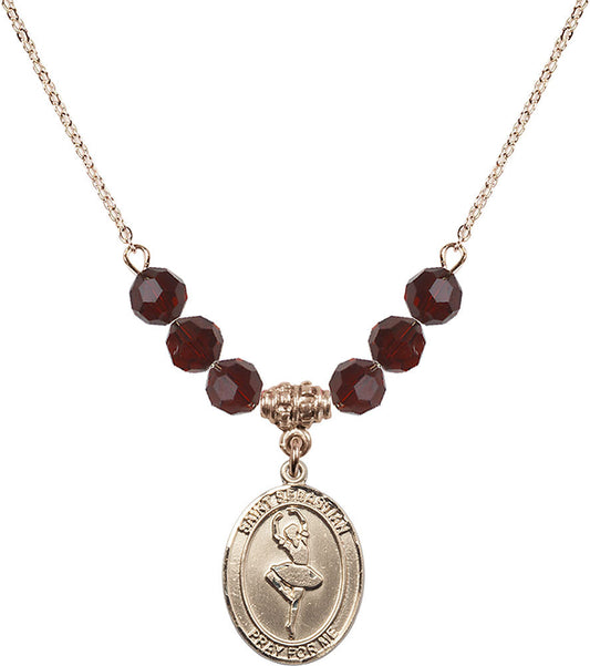 14kt Gold Filled Saint Sebastian/Dance Birthstone Necklace with Garnet Beads - 8173