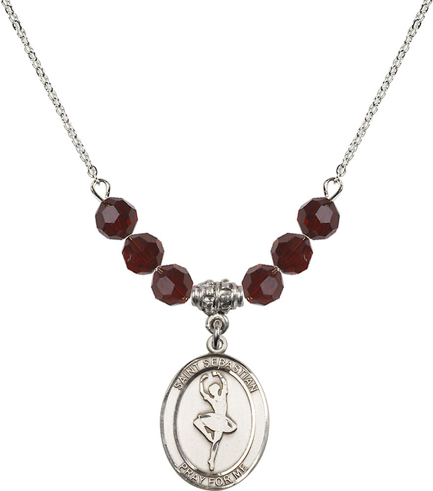 Sterling Silver Saint Sebastian/Dance Birthstone Necklace with Garnet Beads - 8173
