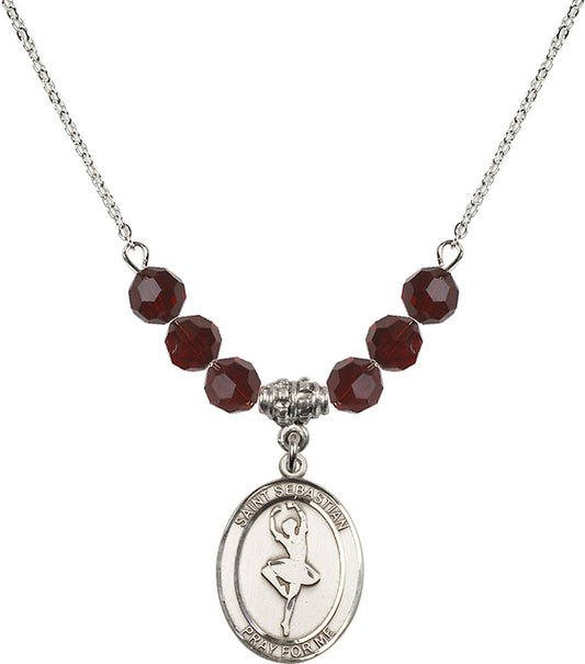 Sterling Silver Saint Sebastian/Dance Birthstone Necklace with Garnet Beads - 8173