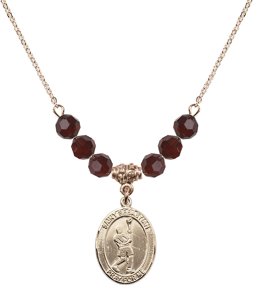 14kt Gold Filled Saint Sebastian/Lacrosse Birthstone Necklace with Garnet Beads - 8174