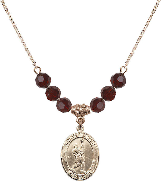 14kt Gold Filled Saint Sebastian/Lacrosse Birthstone Necklace with Garnet Beads - 8174
