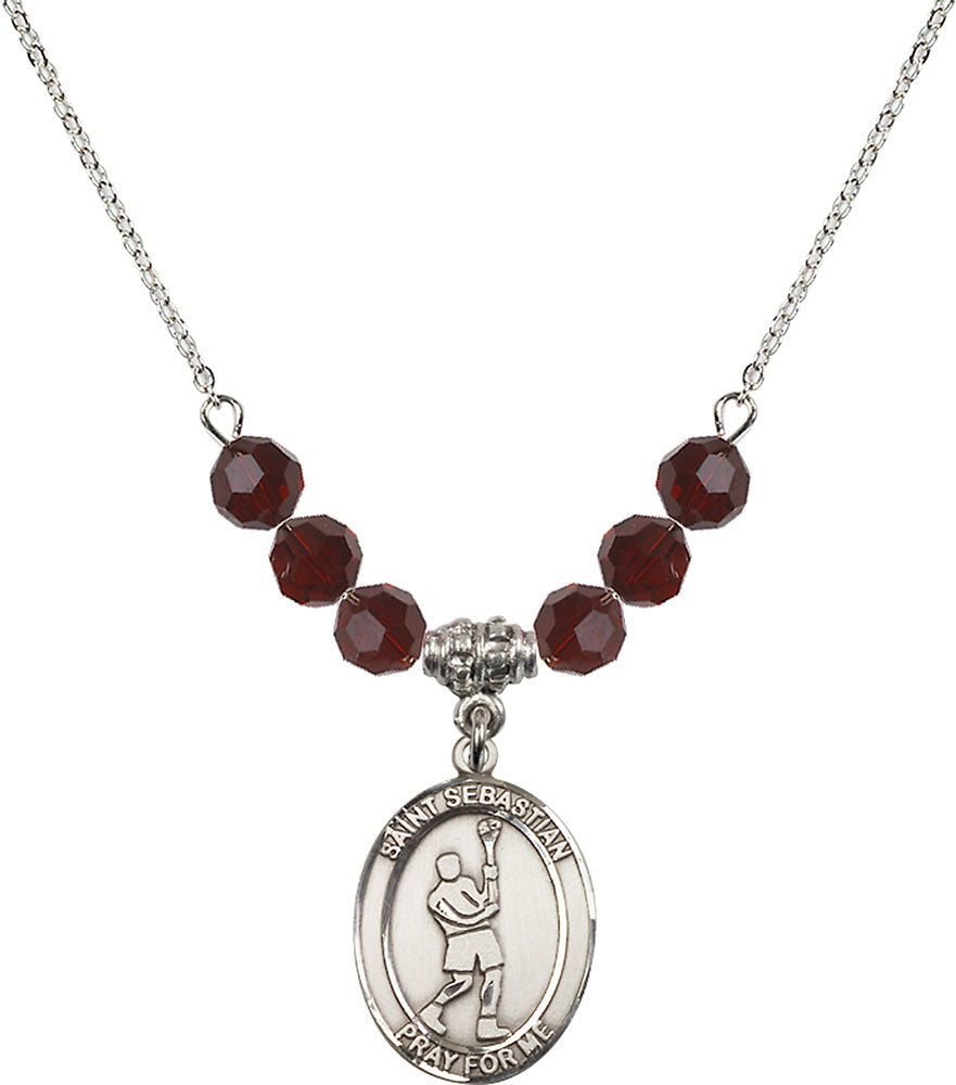 Sterling Silver Saint Sebastian/Lacrosse Birthstone Necklace with Garnet Beads - 8174