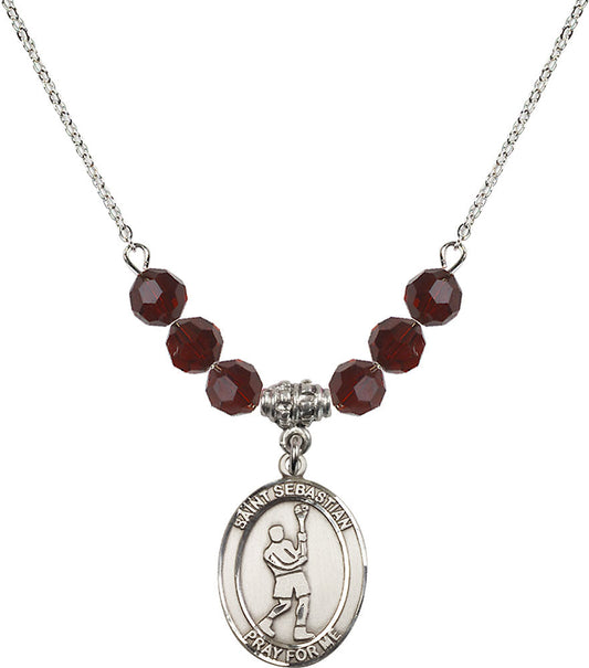 Sterling Silver Saint Sebastian/Lacrosse Birthstone Necklace with Garnet Beads - 8174
