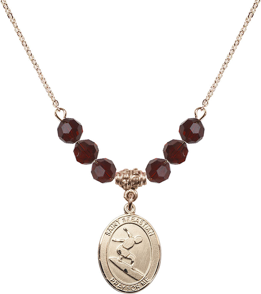 14kt Gold Filled Saint Sebastian/Surfing Birthstone Necklace with Garnet Beads - 8175