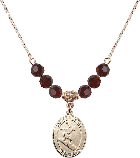 14kt Gold Filled Saint Sebastian/Surfing Birthstone Necklace with Garnet Beads - 8175