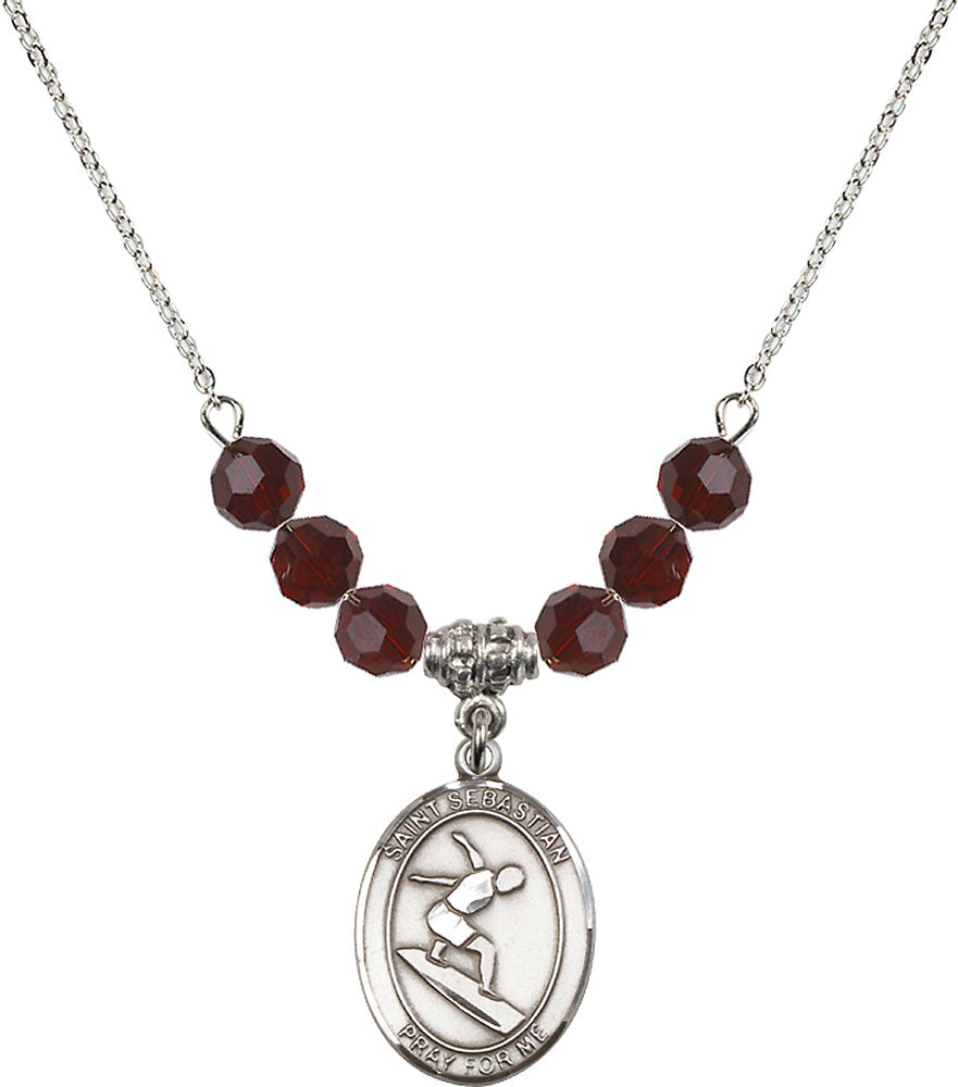 Sterling Silver Saint Sebastian/Surfing Birthstone Necklace with Garnet Beads - 8175