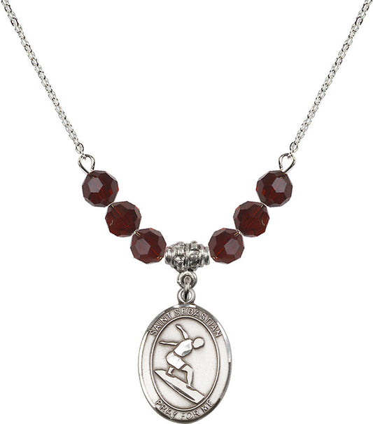Sterling Silver Saint Sebastian/Surfing Birthstone Necklace with Garnet Beads - 8175