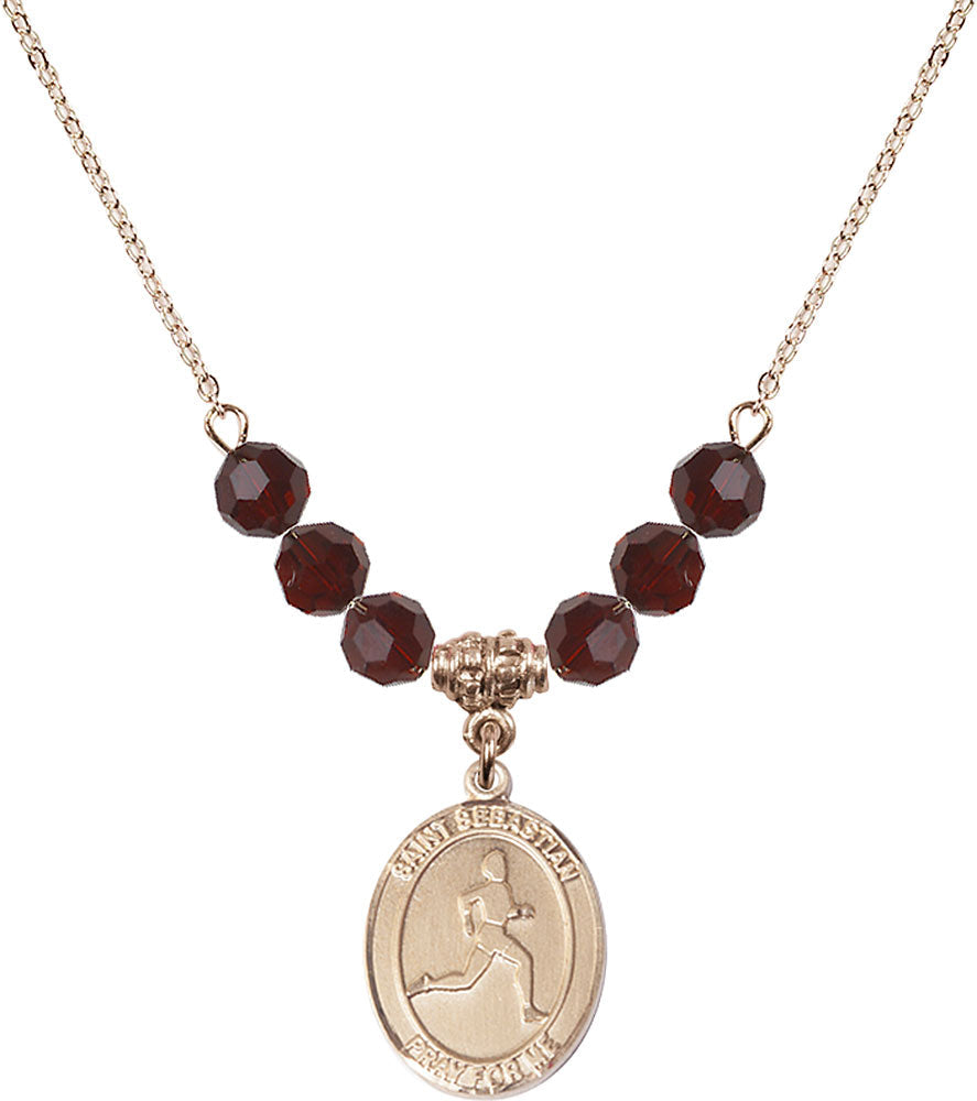 14kt Gold Filled Saint Sebastian/Track & Field Birthstone Necklace with Garnet Beads - 8176