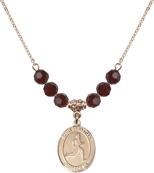 14kt Gold Filled Saint Sebastian/Track & Field Birthstone Necklace with Garnet Beads - 8176