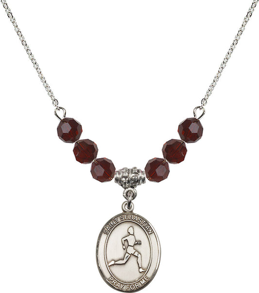Sterling Silver Saint Sebastian/Track & Field Birthstone Necklace with Garnet Beads - 8176