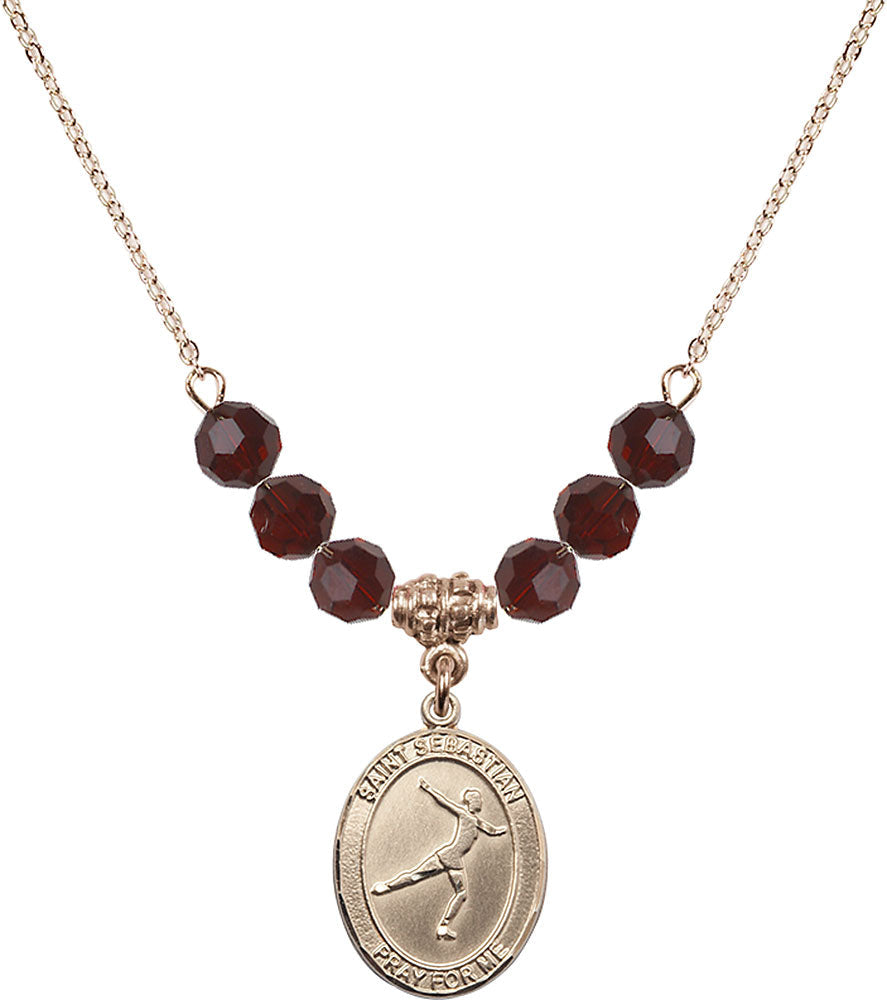 14kt Gold Filled Saint Sebastian/Figure Skating Birthstone Necklace with Garnet Beads - 8177