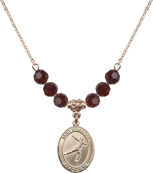 14kt Gold Filled Saint Sebastian/Figure Skating Birthstone Necklace with Garnet Beads - 8177
