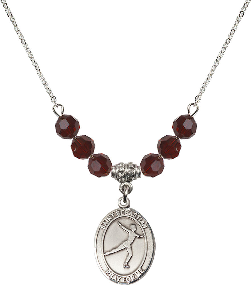 Sterling Silver Saint Sebastian/Figure Skating Birthstone Necklace with Garnet Beads - 8177