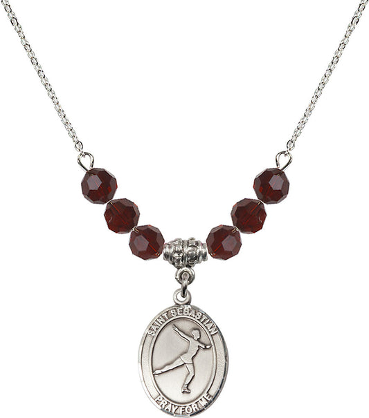 Sterling Silver Saint Sebastian/Figure Skating Birthstone Necklace with Garnet Beads - 8177
