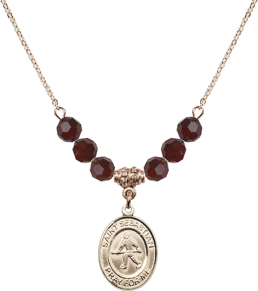 14kt Gold Filled Saint Sebastian/Field Hockey Birthstone Necklace with Garnet Beads - 8178