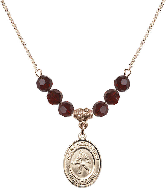 14kt Gold Filled Saint Sebastian/Field Hockey Birthstone Necklace with Garnet Beads - 8178