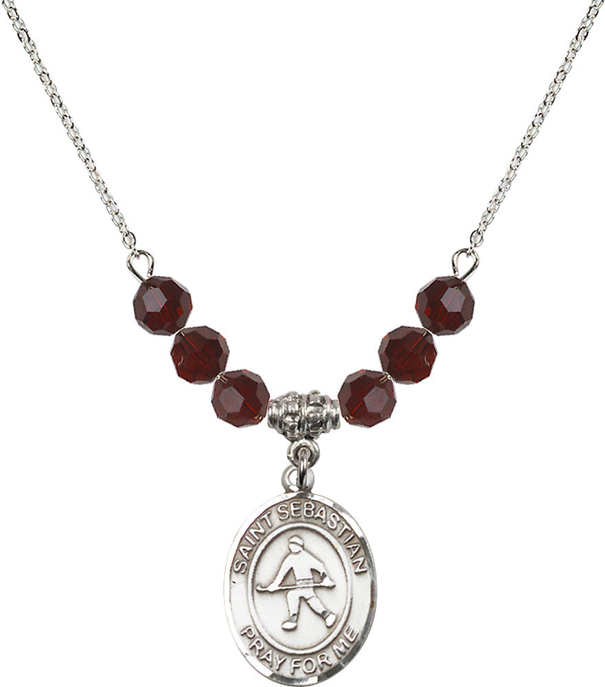 Sterling Silver Saint Sebastian/Field Hockey Birthstone Necklace with Garnet Beads - 8178