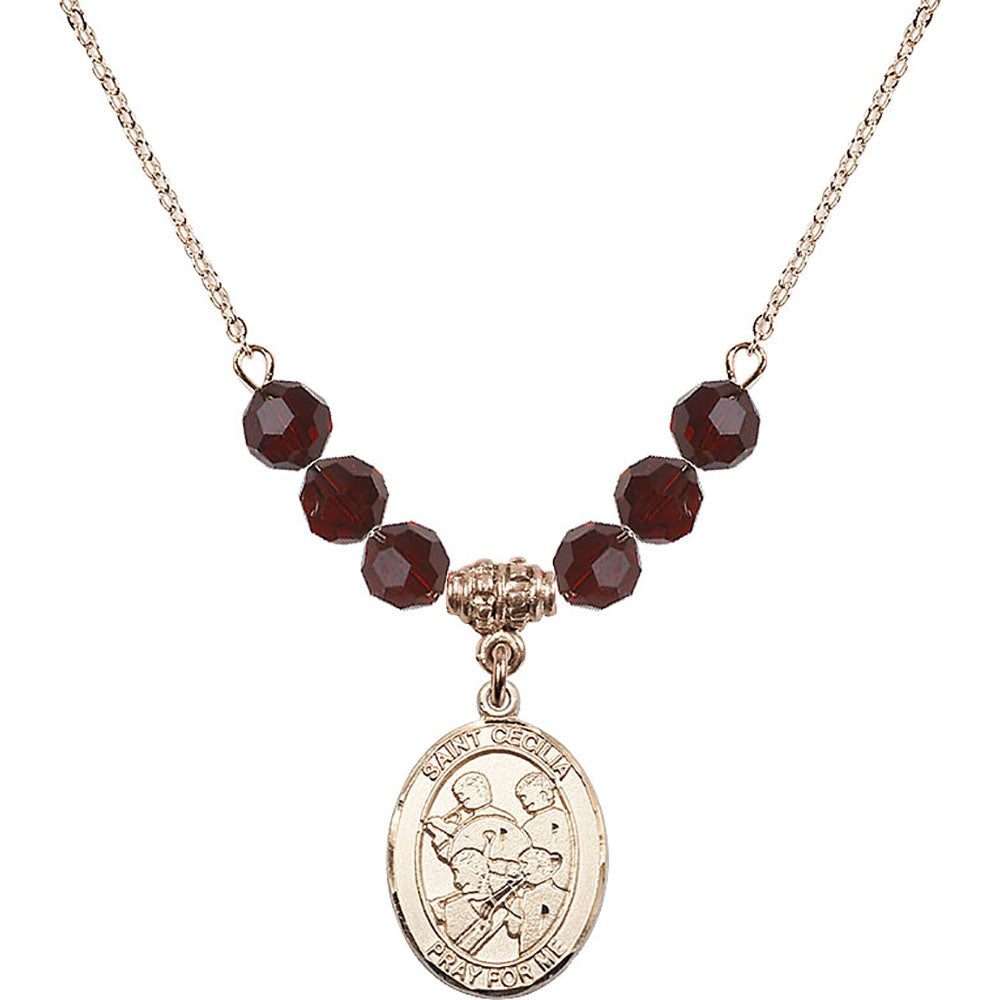14kt Gold Filled Saint Cecilia / Marching Band Birthstone Necklace with Garnet Beads - 8179