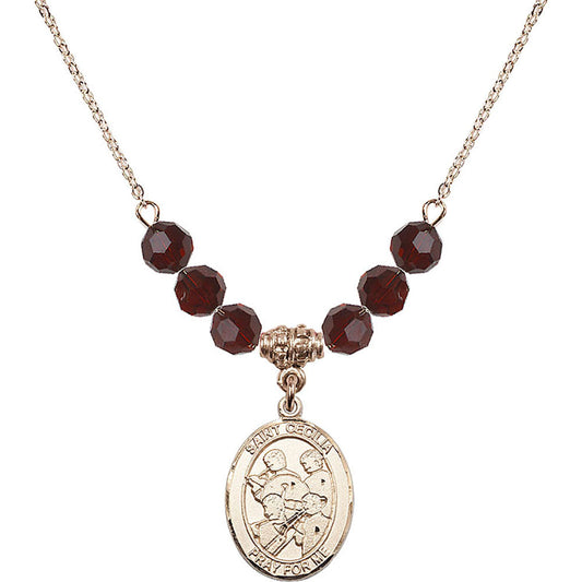 14kt Gold Filled Saint Cecilia / Marching Band Birthstone Necklace with Garnet Beads - 8179