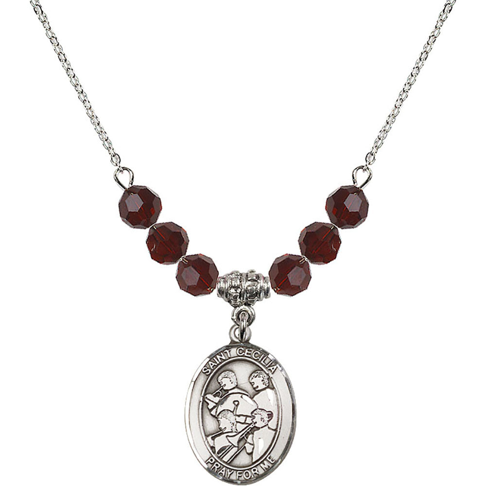 Sterling Silver Saint Cecilia / Marching Band Birthstone Necklace with Garnet Beads - 8179