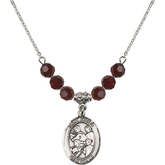Sterling Silver Saint Cecilia / Marching Band Birthstone Necklace with Garnet Beads - 8179