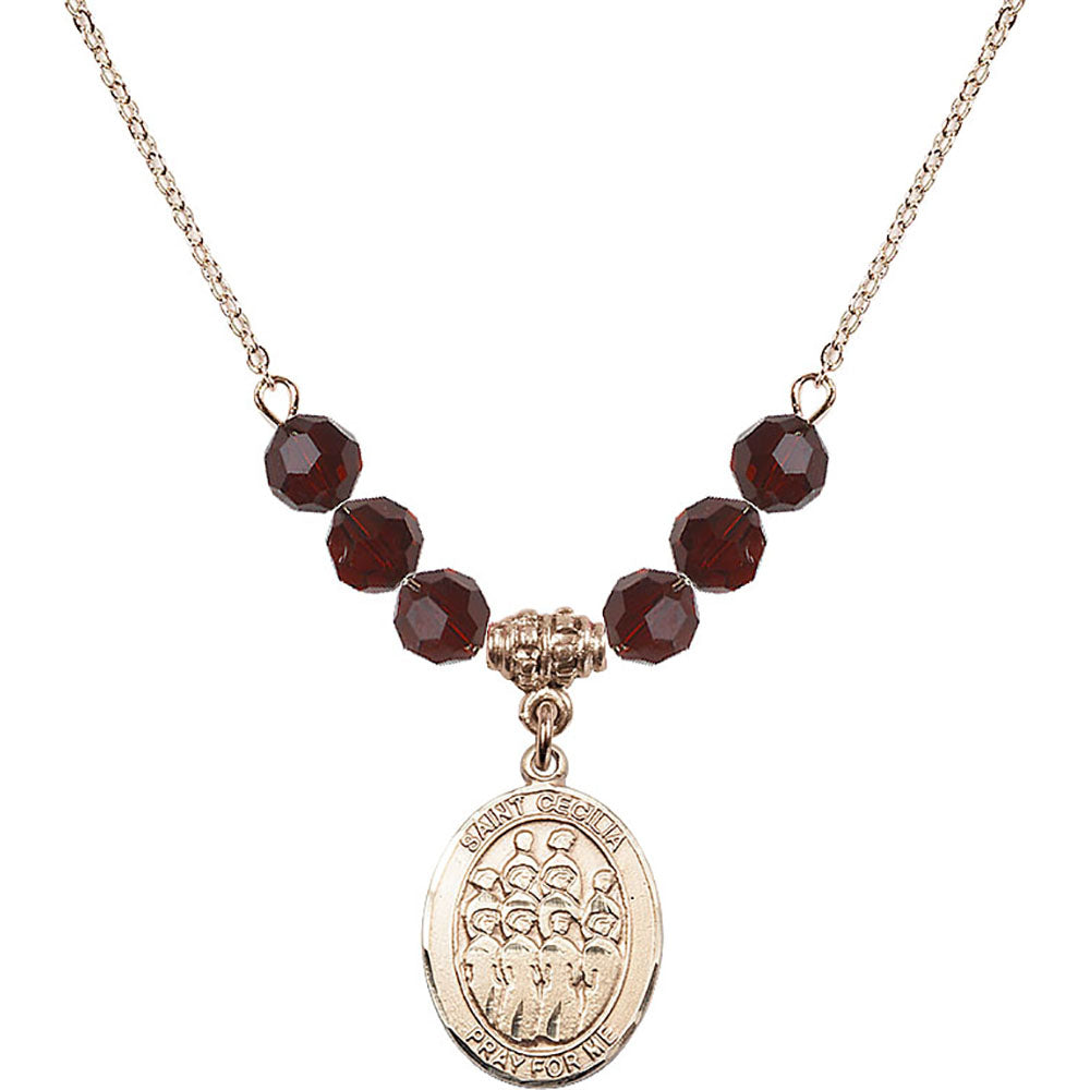 14kt Gold Filled Saint Cecilia / Choir Birthstone Necklace with Garnet Beads - 8180