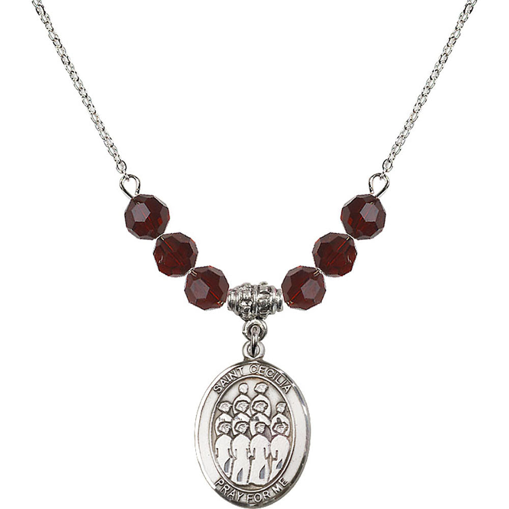 Sterling Silver Saint Cecilia / Choir Birthstone Necklace with Garnet Beads - 8180