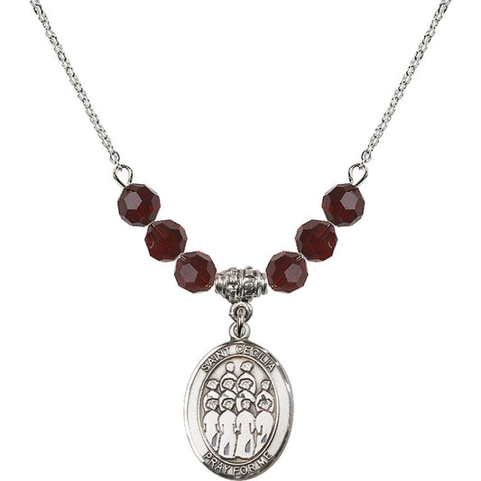 Sterling Silver Saint Cecilia / Choir Birthstone Necklace with Garnet Beads - 8180