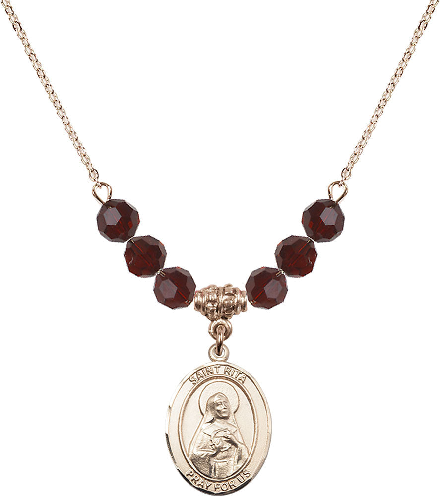 14kt Gold Filled Saint Rita / Baseball Birthstone Necklace with Garnet Beads - 8181