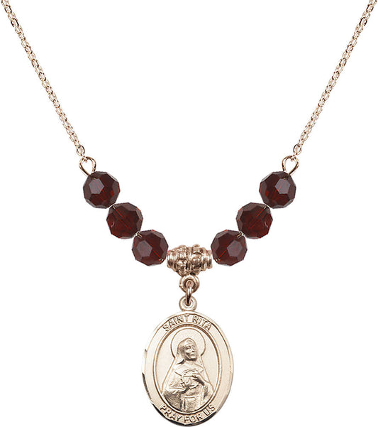14kt Gold Filled Saint Rita / Baseball Birthstone Necklace with Garnet Beads - 8181