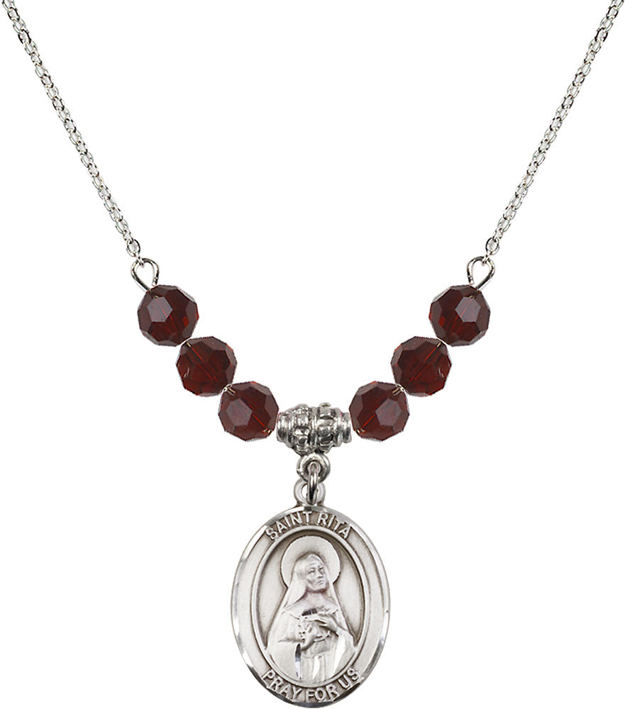Sterling Silver Saint Rita / Baseball Birthstone Necklace with Garnet Beads - 8181