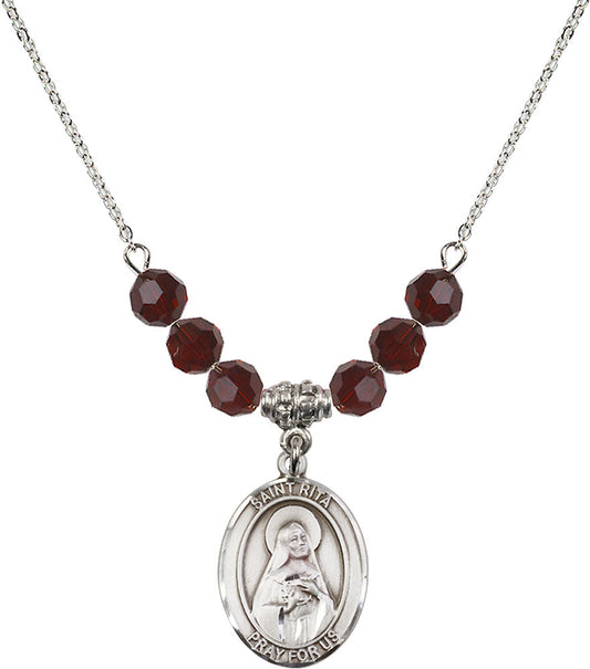 Sterling Silver Saint Rita / Baseball Birthstone Necklace with Garnet Beads - 8181