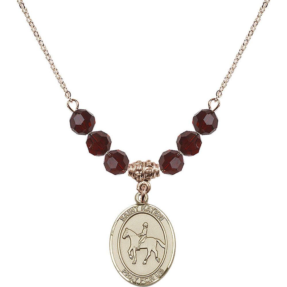 14kt Gold Filled Saint Kateri/Equestrian Birthstone Necklace with Garnet Beads - 8182
