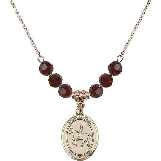 14kt Gold Filled Saint Kateri/Equestrian Birthstone Necklace with Garnet Beads - 8182