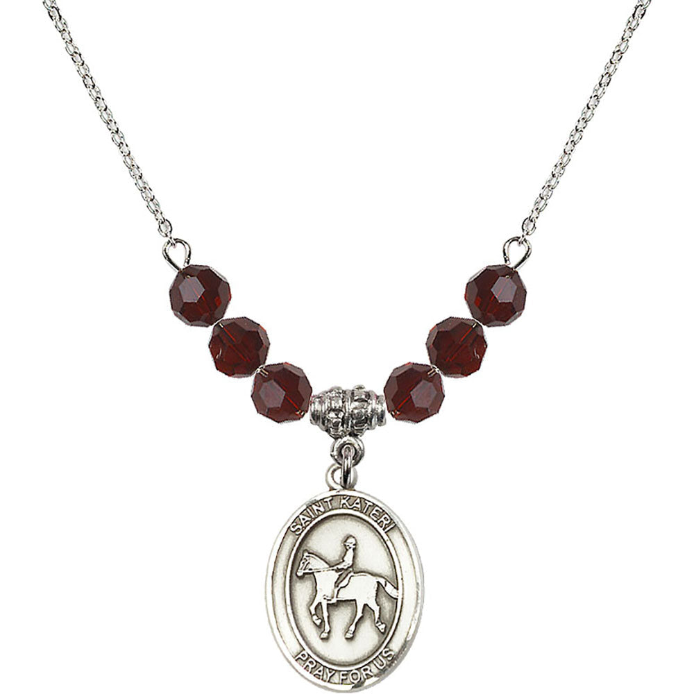 Sterling Silver Saint Kateri/Equestrian Birthstone Necklace with Garnet Beads - 8182