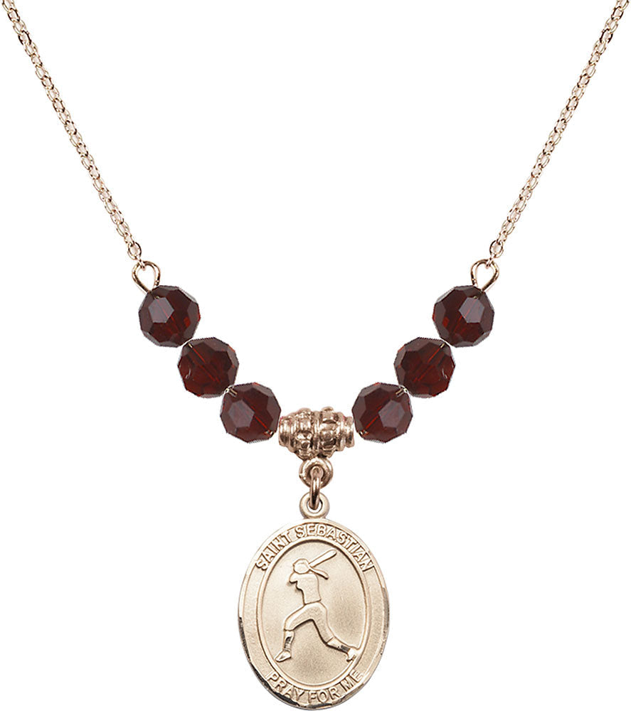 14kt Gold Filled Saint Sebastian / Softball Birthstone Necklace with Garnet Beads - 8183