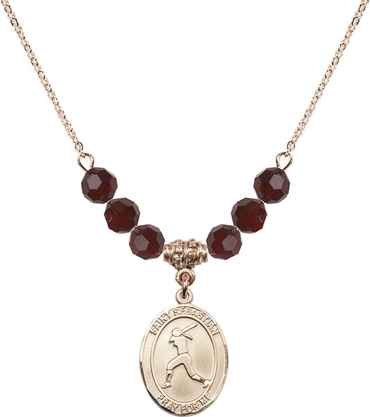14kt Gold Filled Saint Sebastian / Softball Birthstone Necklace with Garnet Beads - 8183