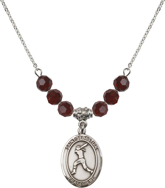 Sterling Silver Saint Sebastian / Softball Birthstone Necklace with Garnet Beads - 8183