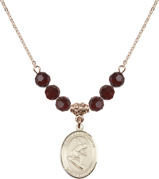 14kt Gold Filled Saint Christopher/Surfing Birthstone Necklace with Garnet Beads - 8184
