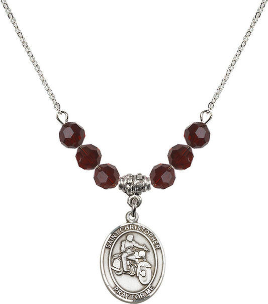 Sterling Silver Saint Christopher/Motorcycle Birthstone Necklace with Garnet Beads - 8185