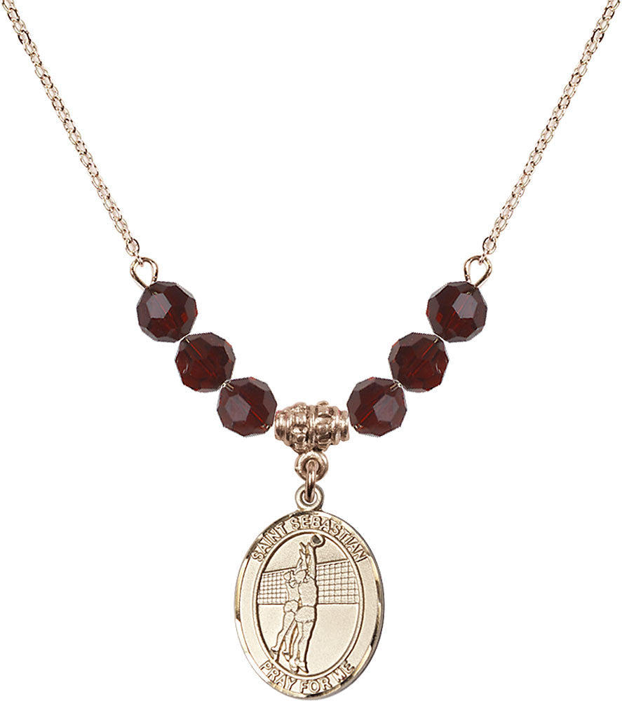 14kt Gold Filled Saint Sebastian / Volleyball Birthstone Necklace with Garnet Beads - 8186
