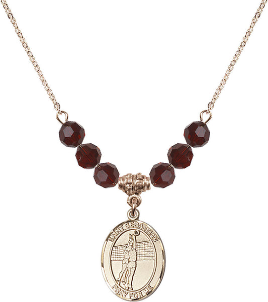 14kt Gold Filled Saint Sebastian / Volleyball Birthstone Necklace with Garnet Beads - 8186