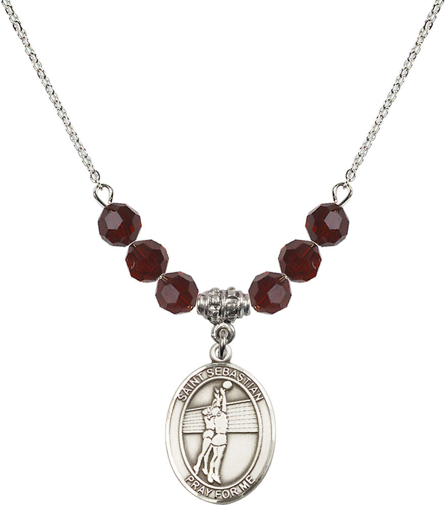 Sterling Silver Saint Sebastian / Volleyball Birthstone Necklace with Garnet Beads - 8186