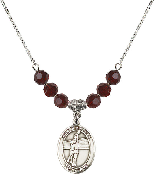 Sterling Silver Saint Sebastian / Volleyball Birthstone Necklace with Garnet Beads - 8186