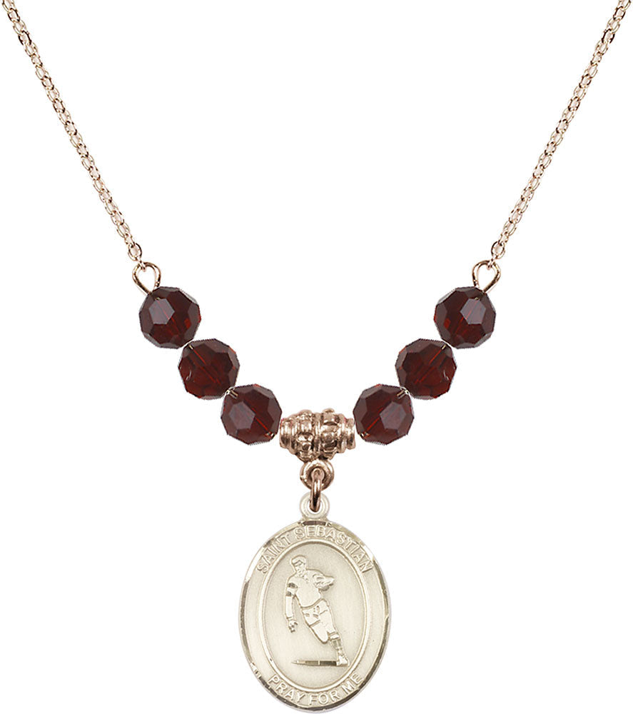 14kt Gold Filled Saint Sebastian / Rugby Birthstone Necklace with Garnet Beads - 8187