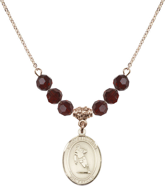 14kt Gold Filled Saint Sebastian / Rugby Birthstone Necklace with Garnet Beads - 8187