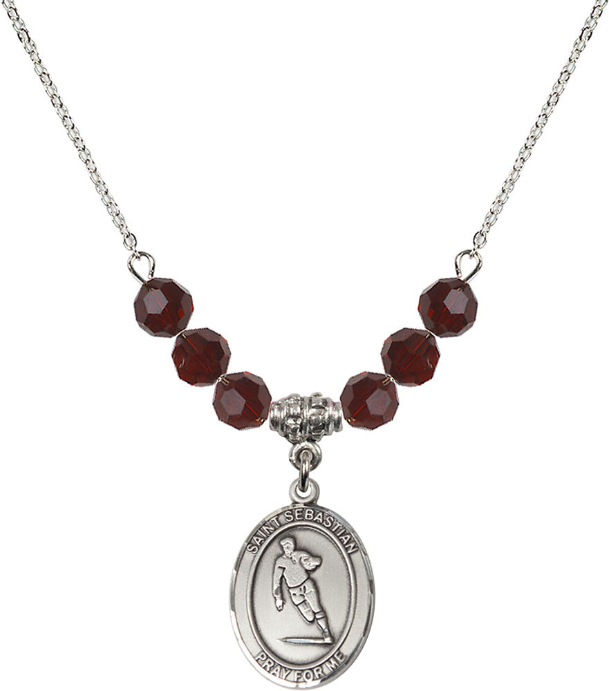 Sterling Silver Saint Sebastian / Rugby Birthstone Necklace with Garnet Beads - 8187