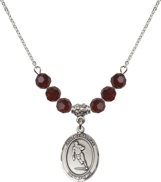 Sterling Silver Saint Sebastian / Rugby Birthstone Necklace with Garnet Beads - 8187