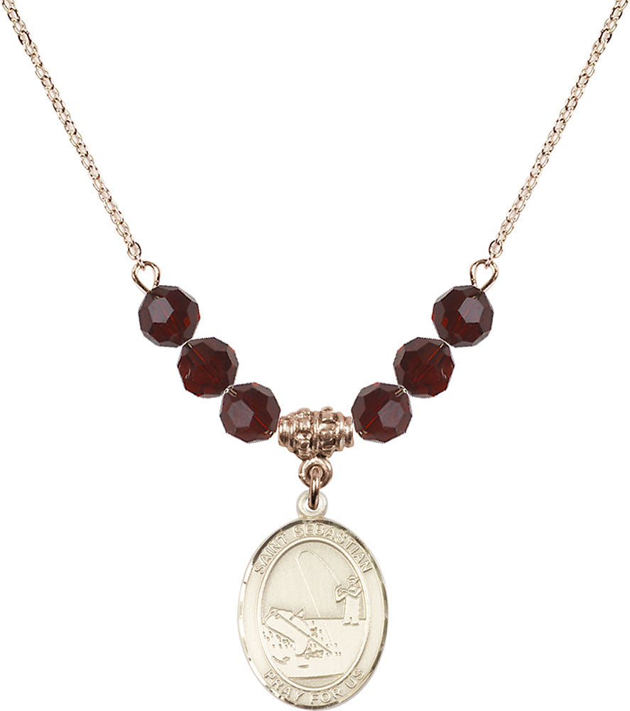 14kt Gold Filled Saint Sebastian / Fishing Birthstone Necklace with Garnet Beads - 8188